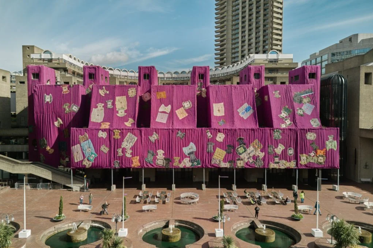 Installation view of “Ibrahim Mahama: Purple Hibiscus” at Barbican Lakeside until August 18, 2024. Photo: © Dion Barrett, courtesy of Barbican Centre.